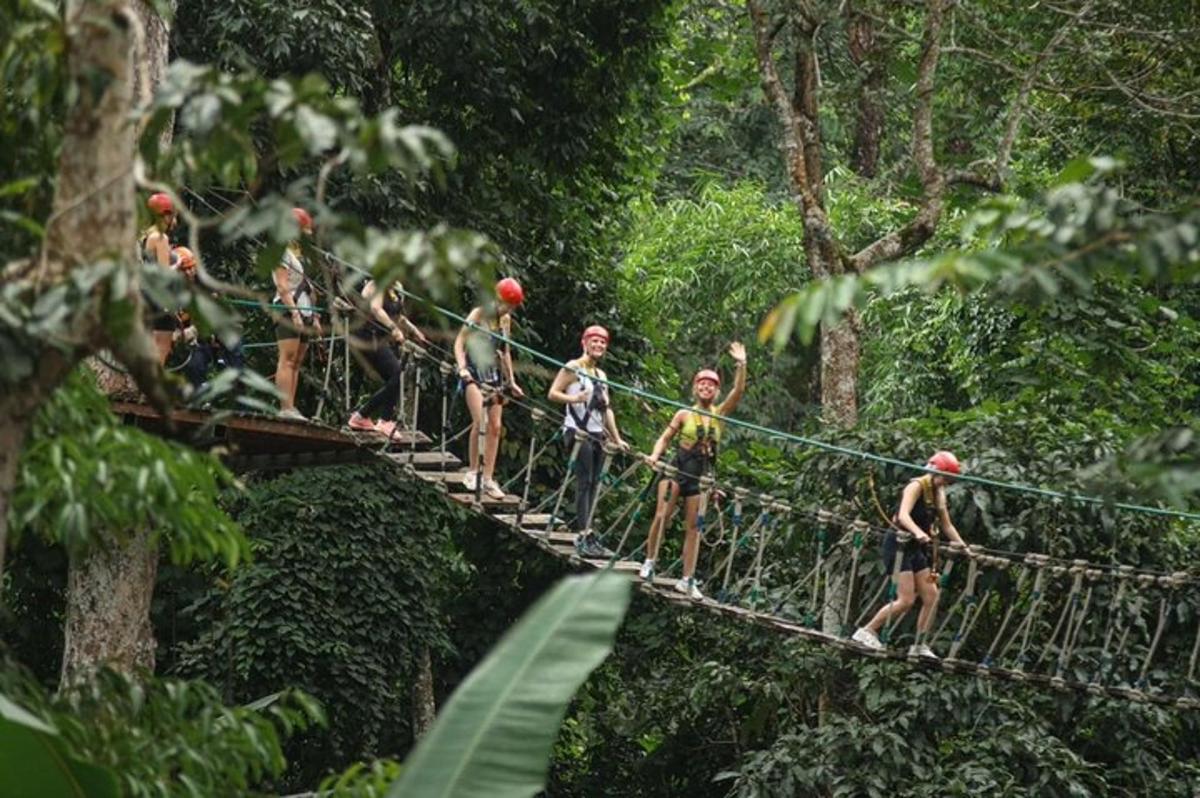 eine Gruppe von Menschen auf einer Hängebrücke im Wald