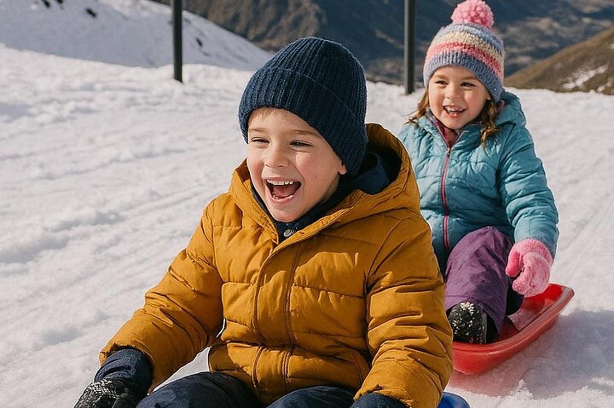 kaks last istuvad lumelaual lumelaual