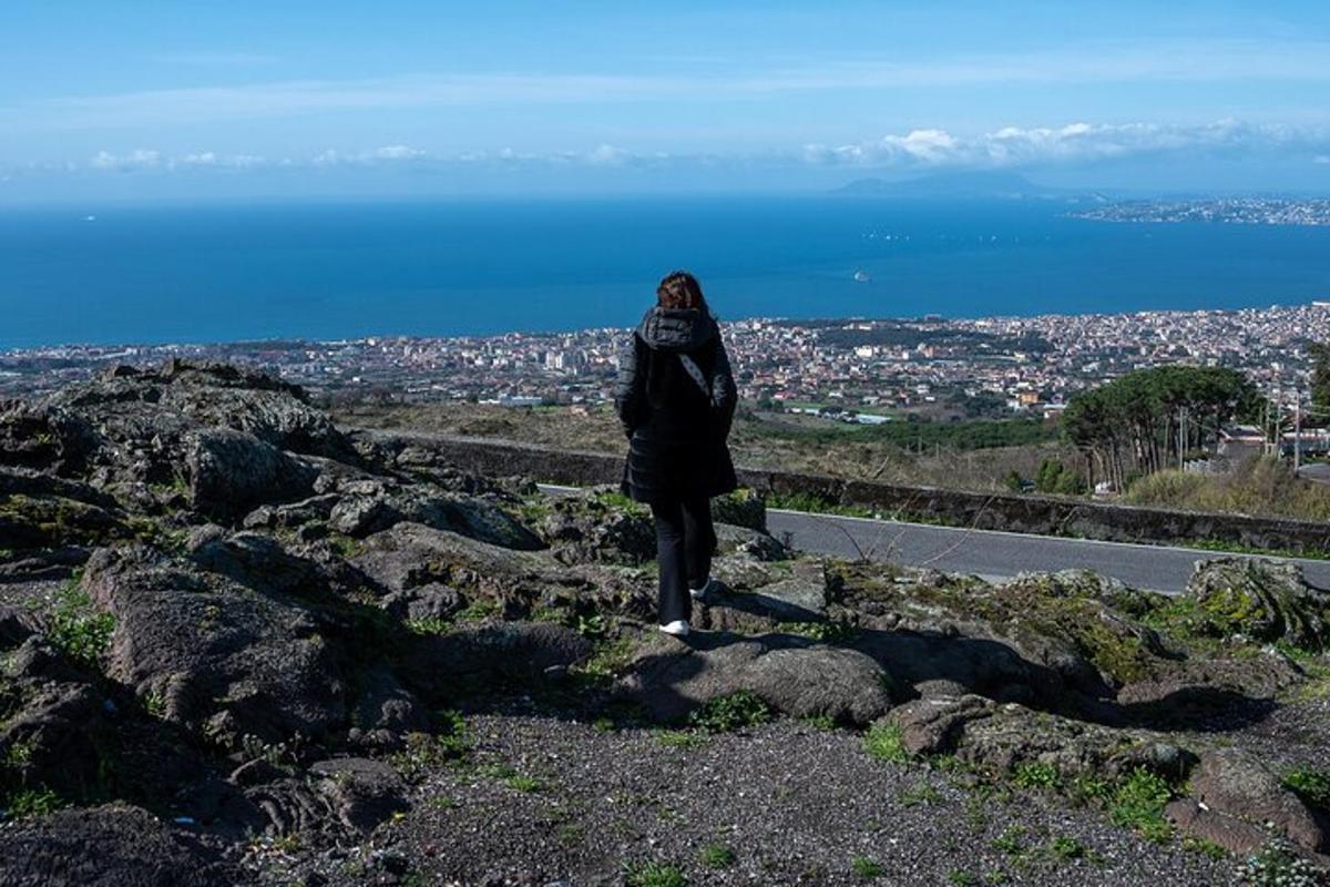 una persona in piedi sulla cima di una montagna che domina una città