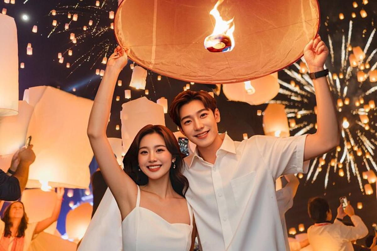a man and a woman holding a lantern in a party