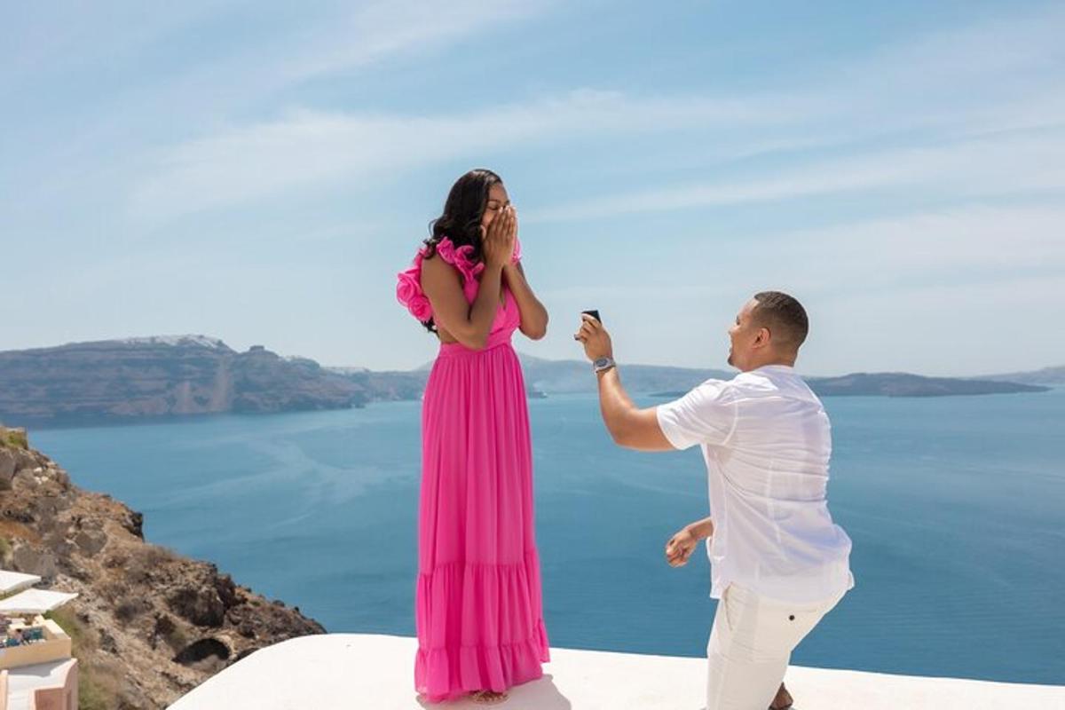 a man taking a picture of a woman in a pink dress