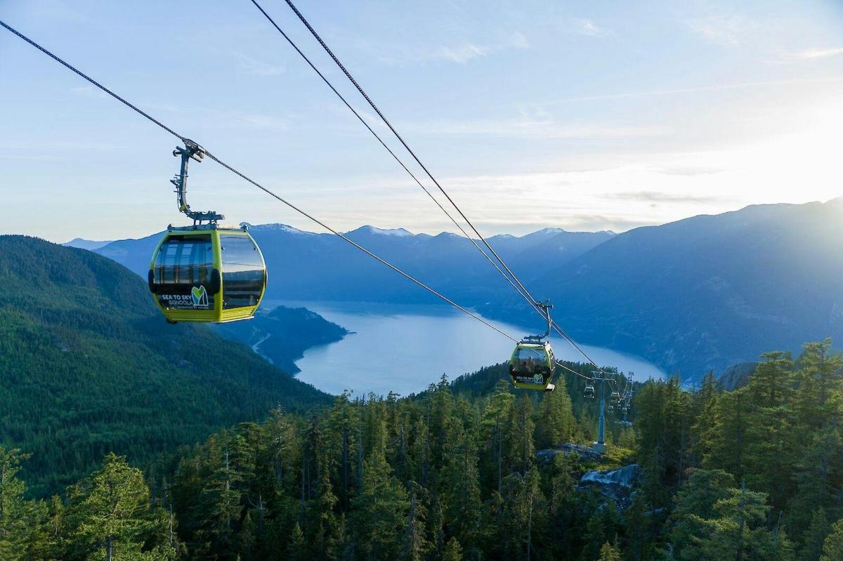 two gondolas flying over a lake in the mountains