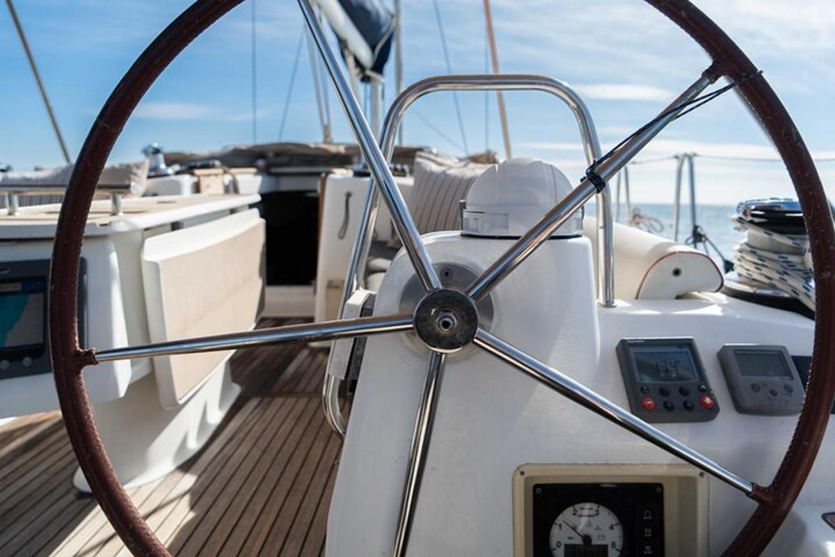 a close up of a boat with a steering wheel