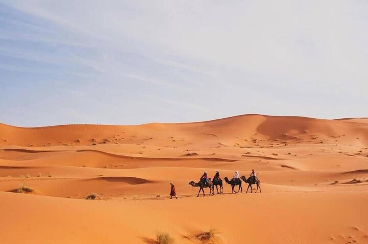 a group of people riding camels in the desert