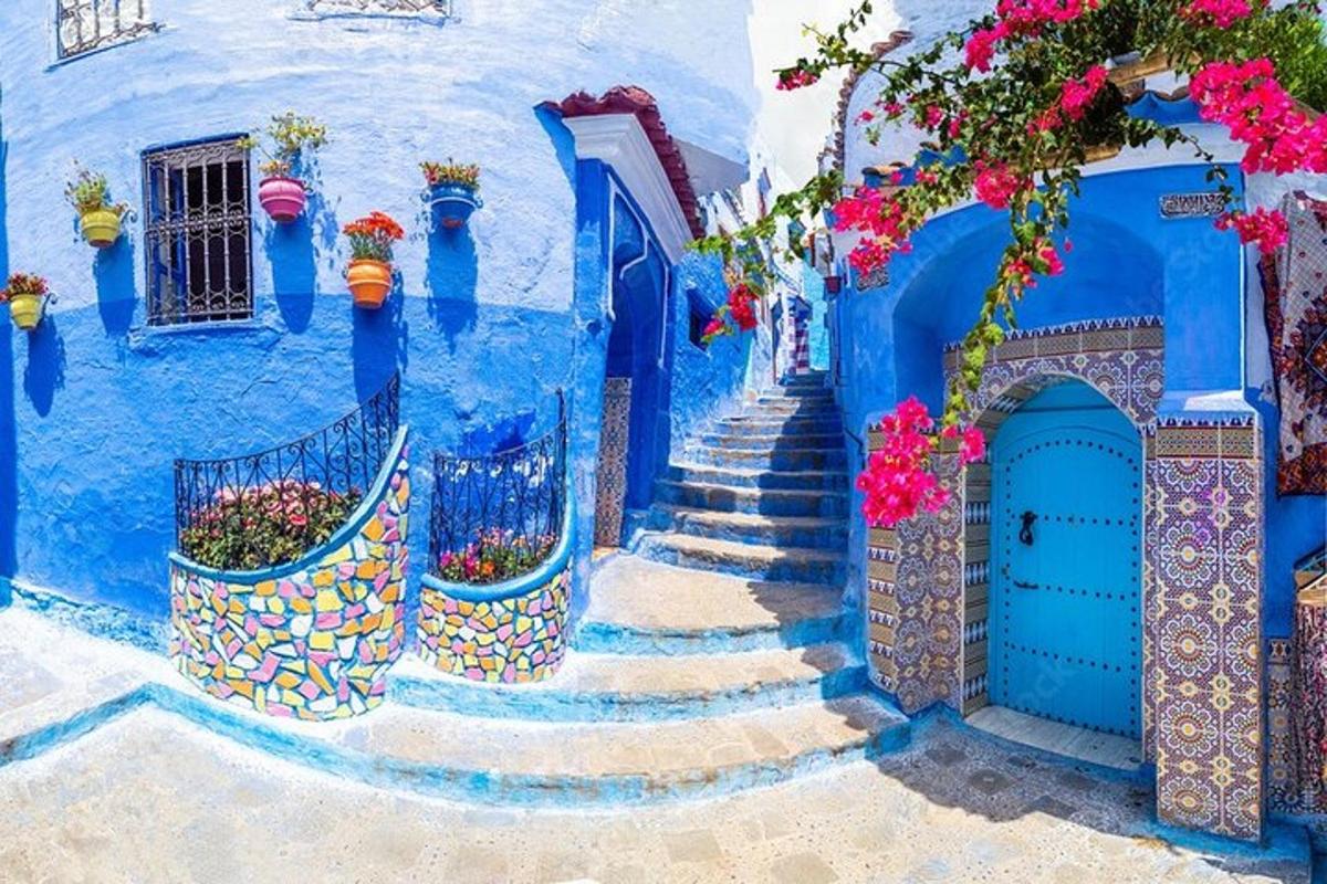 um prédio azul com escadas e vasos de flores