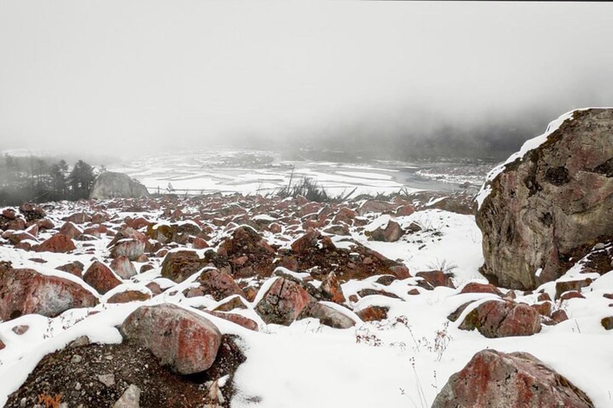 ein schneebedecktes Feld mit Felsen und Schnee