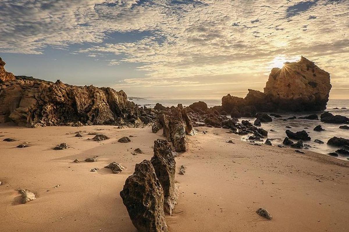 una spiaggia con rocce nella sabbia e l'oceano