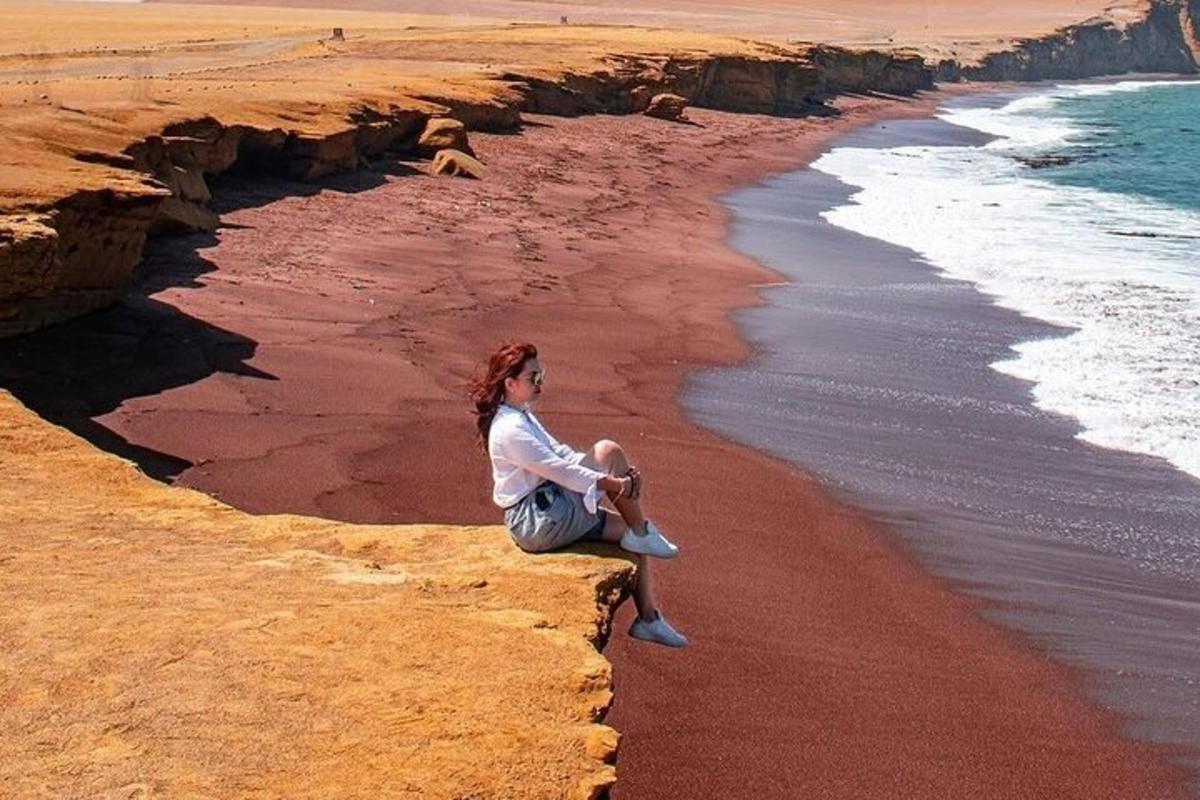 seorang wanita duduk di atas batu di pantai