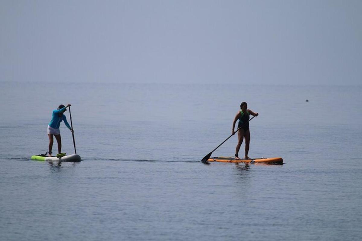 due persone sono in piedi su tavole da paddle in acqua