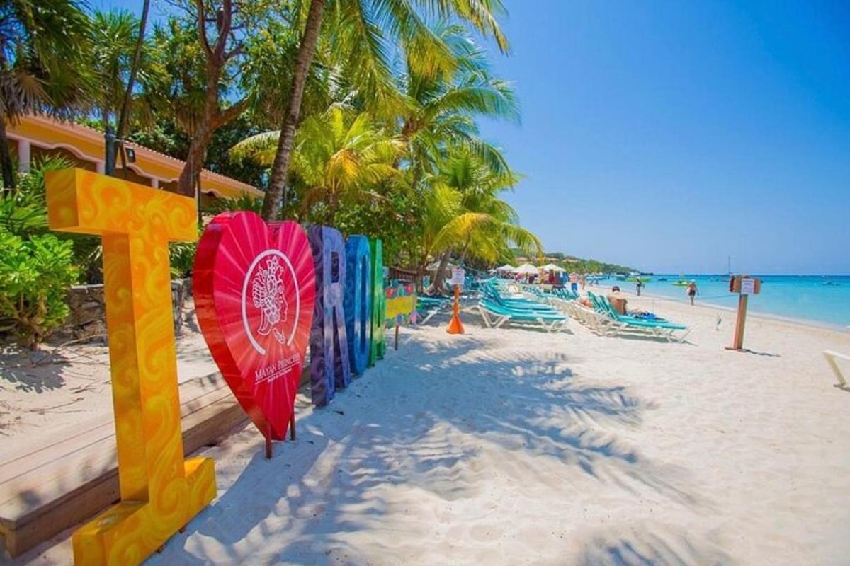a beach with a row of colorful barriers on the sand