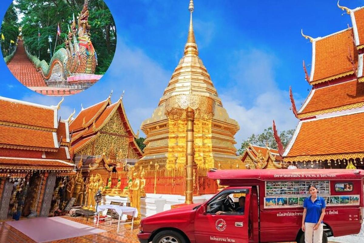 een foodtruck geparkeerd voor een pagode