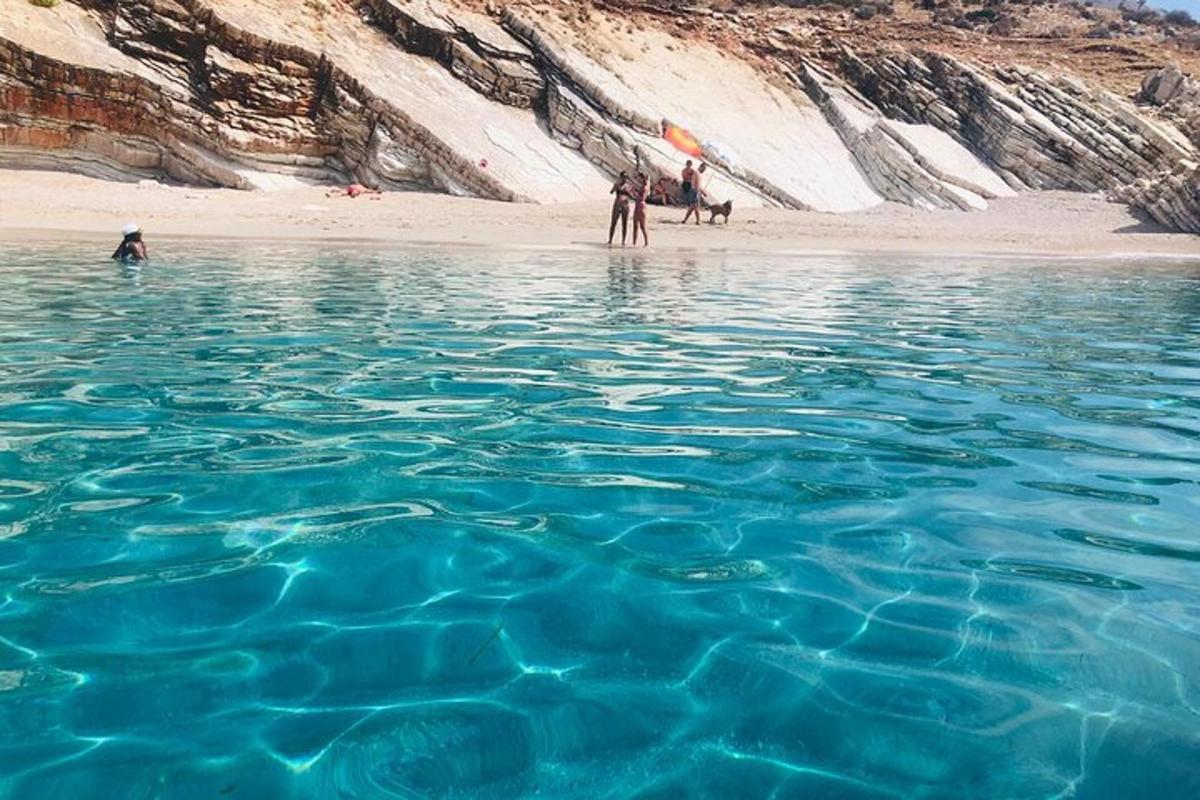 a group of people in the water on a beach
