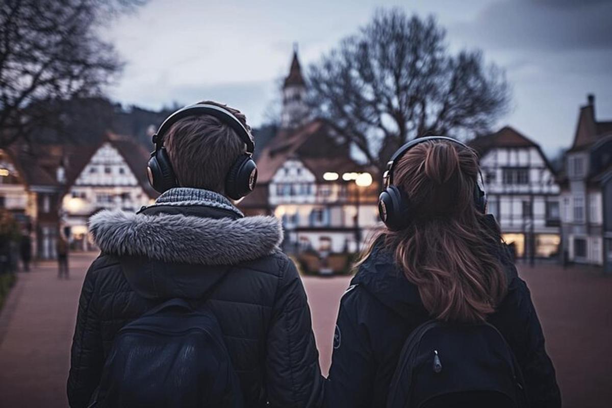 a man and woman wearing headphones looking at a city