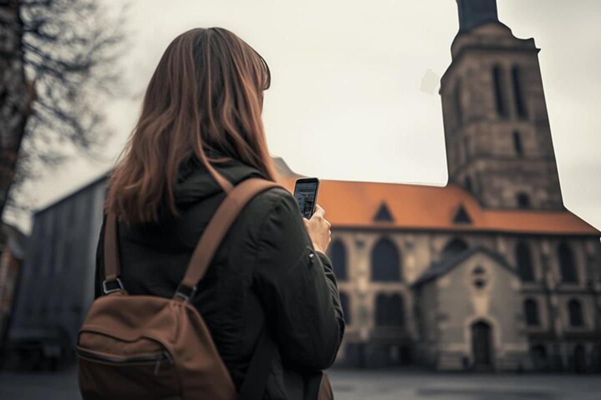 a woman holding a cell phone in front of a church