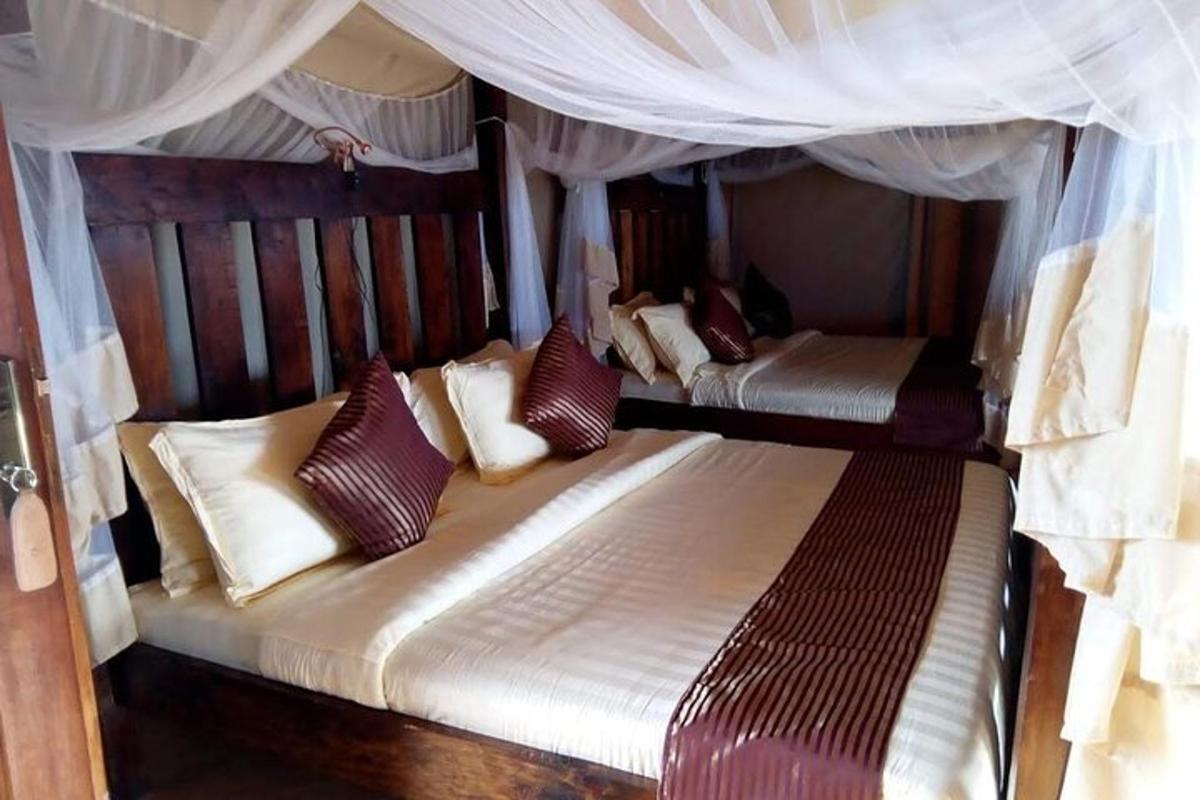 two beds in a bedroom with curtains and pillows