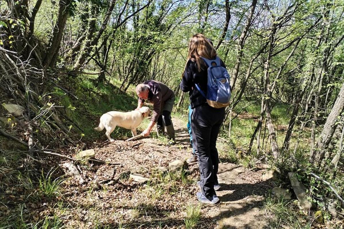 un uomo e una donna che portano a spasso un cane su un sentiero