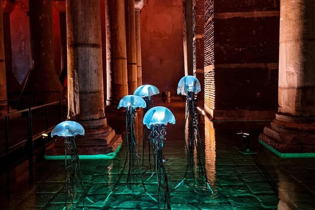 a group of blue umbrellas in a building