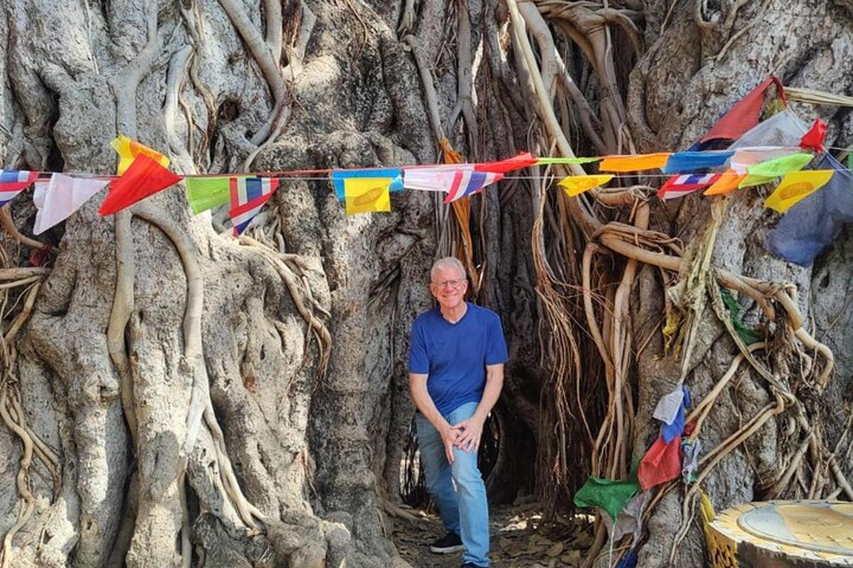 a man standing in front of a tree with flags