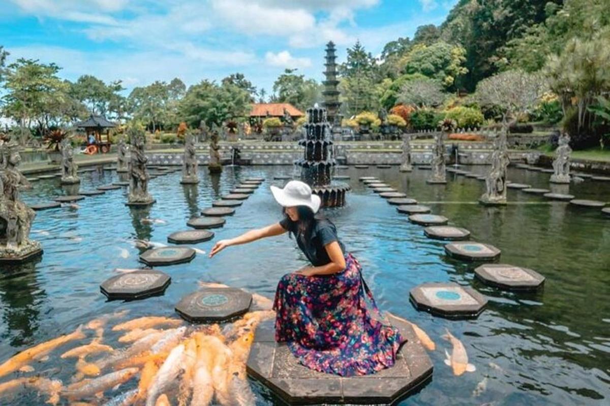 seorang wanita duduk di atas batu di dalam air di taman