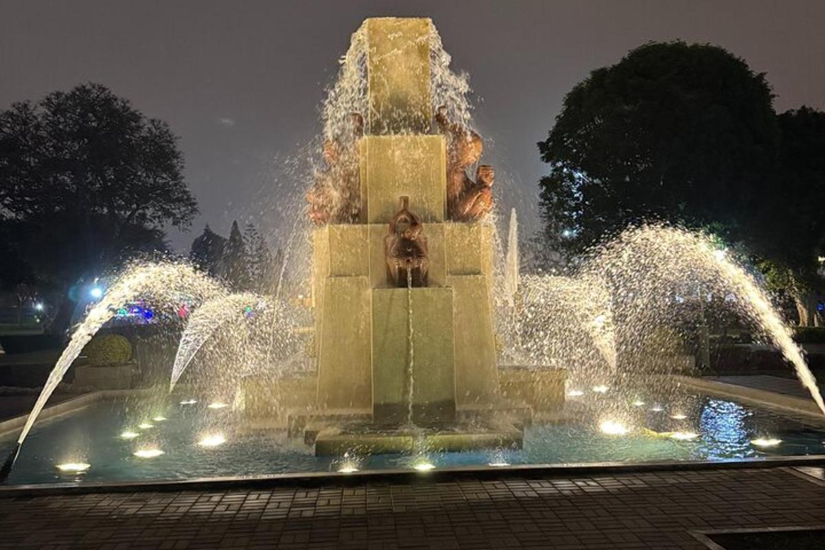 Una fuente con luces en un parque por la noche.