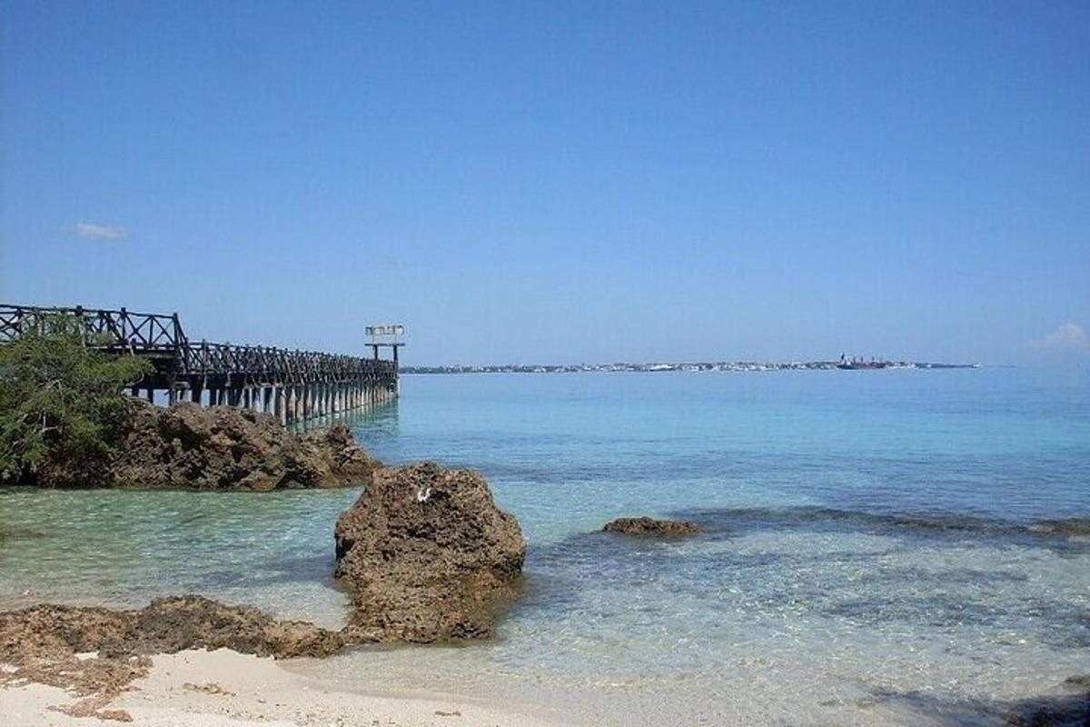 plaža s skalo v vodi in pomolom