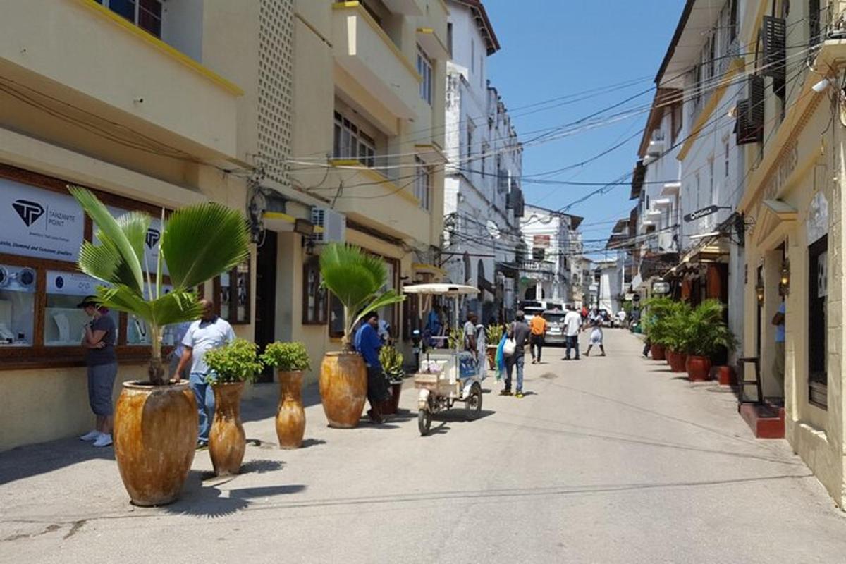 Άνθρωποι που περπατούν σε έναν δρόμο της πόλης με φυτά σε γλάστρες