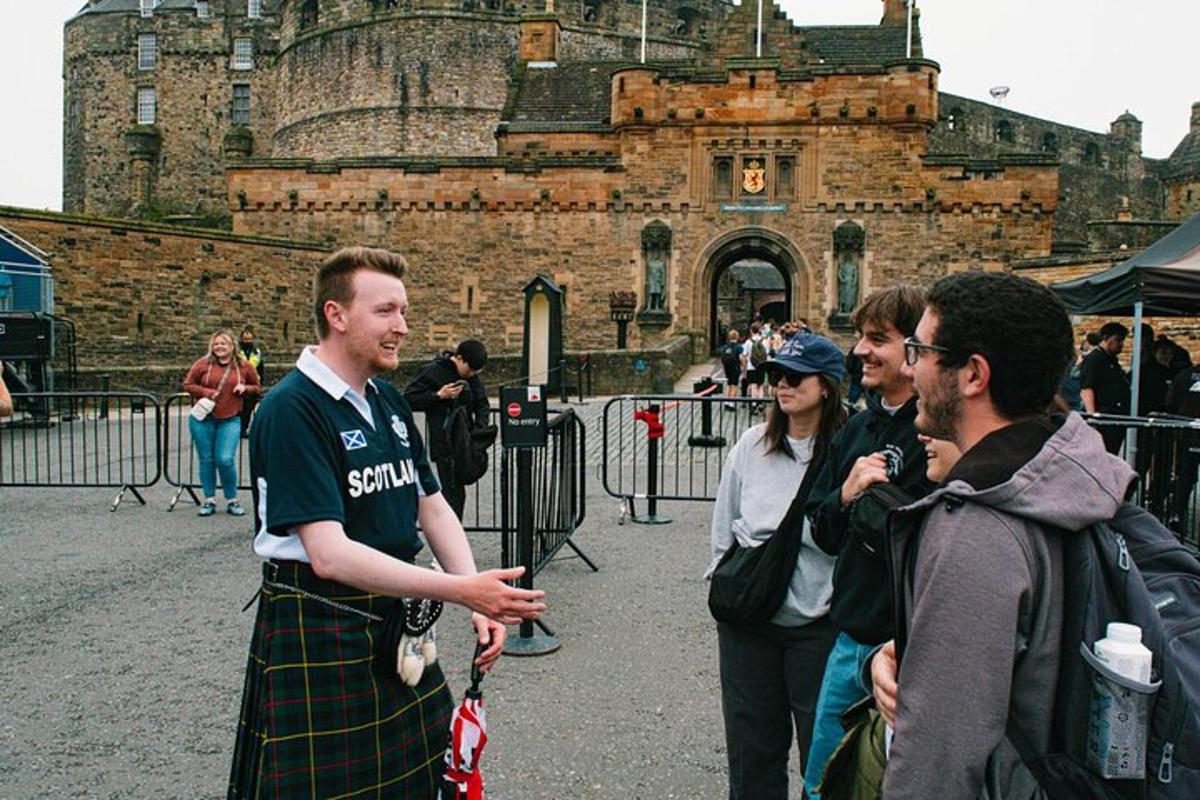a group of people standing in front of a castle