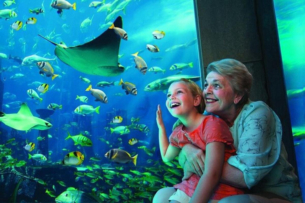 a woman and a child sitting in front of an aquarium