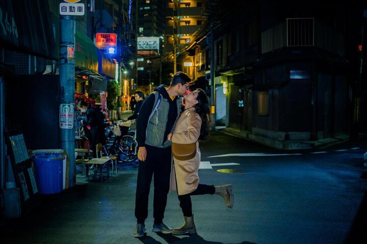 a man and a woman standing in the street