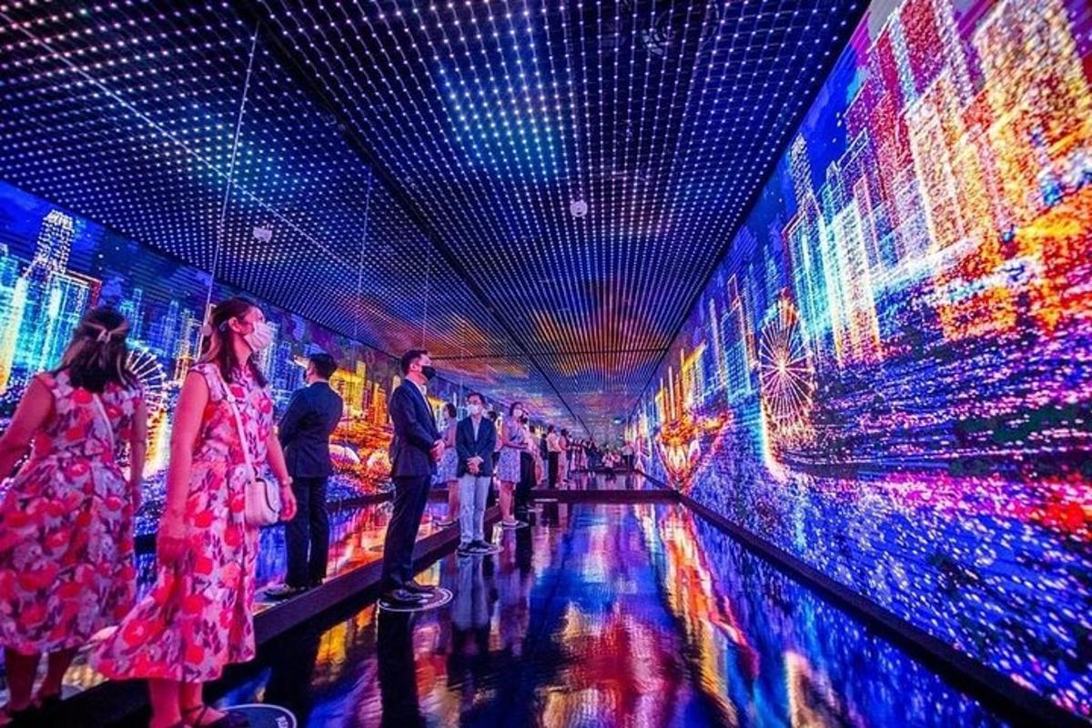 a painting of people in a tunnel with lights