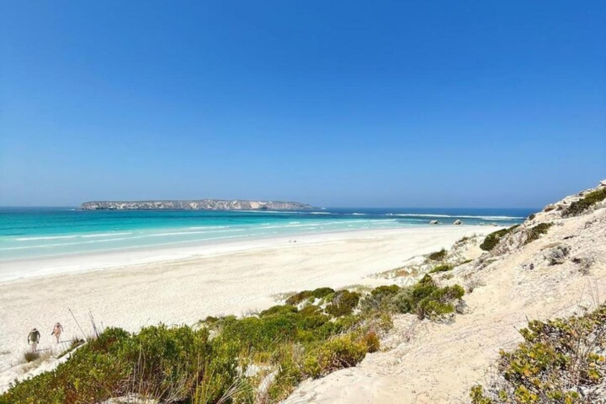 a beach with people walking on the sand and the ocean