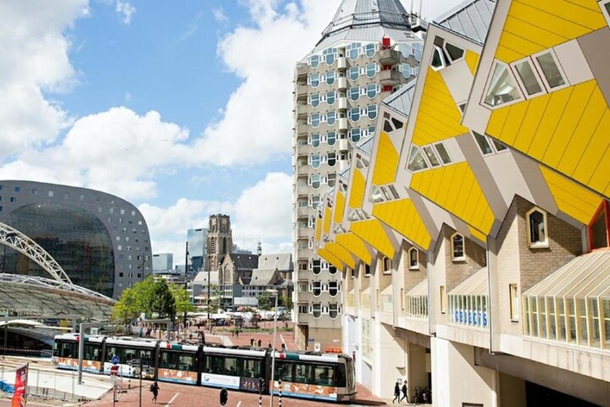 a building with a bus in front of a city