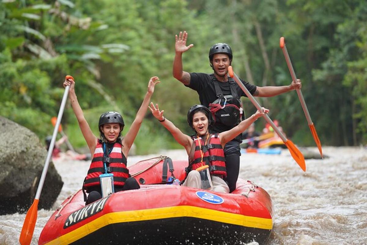 a man and two children on a raft on a river