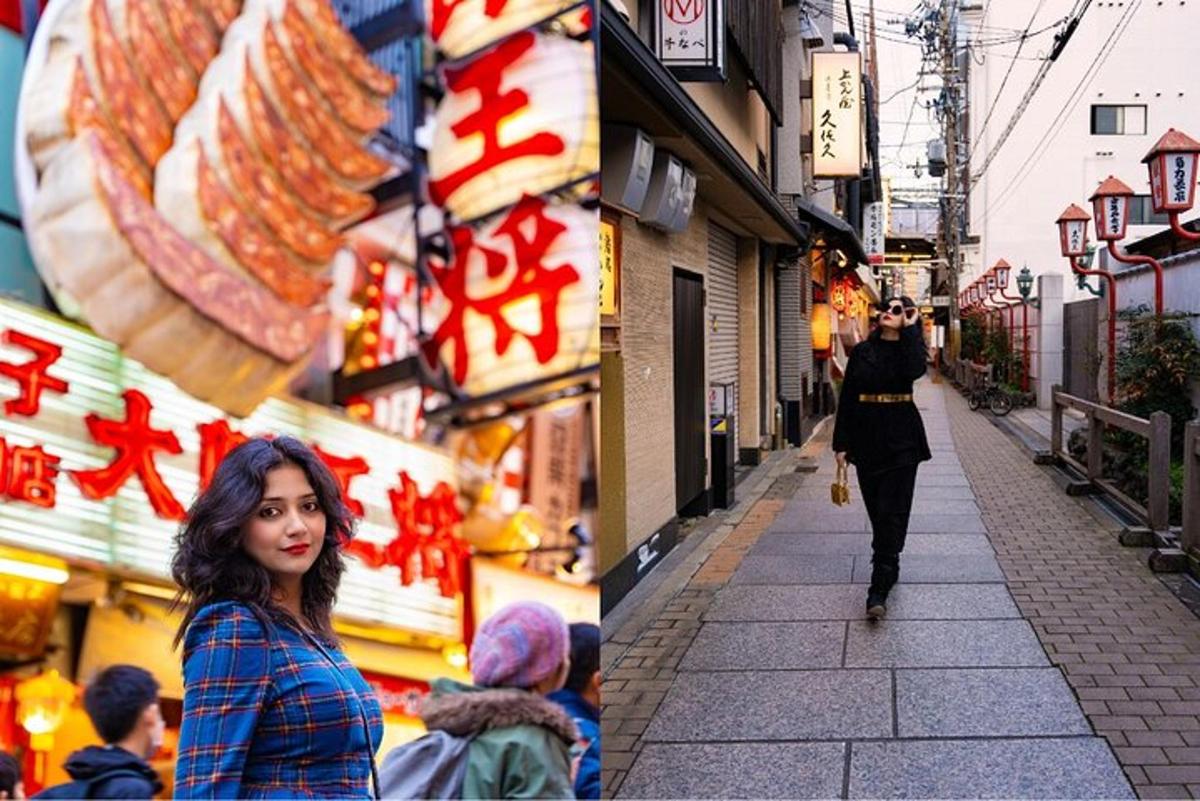 Dos fotografías de una mujer caminando por una calle.
