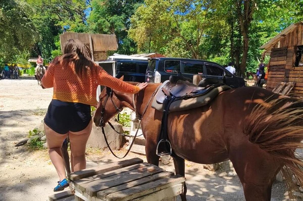 una donna in piedi accanto a un cavallo marrone
