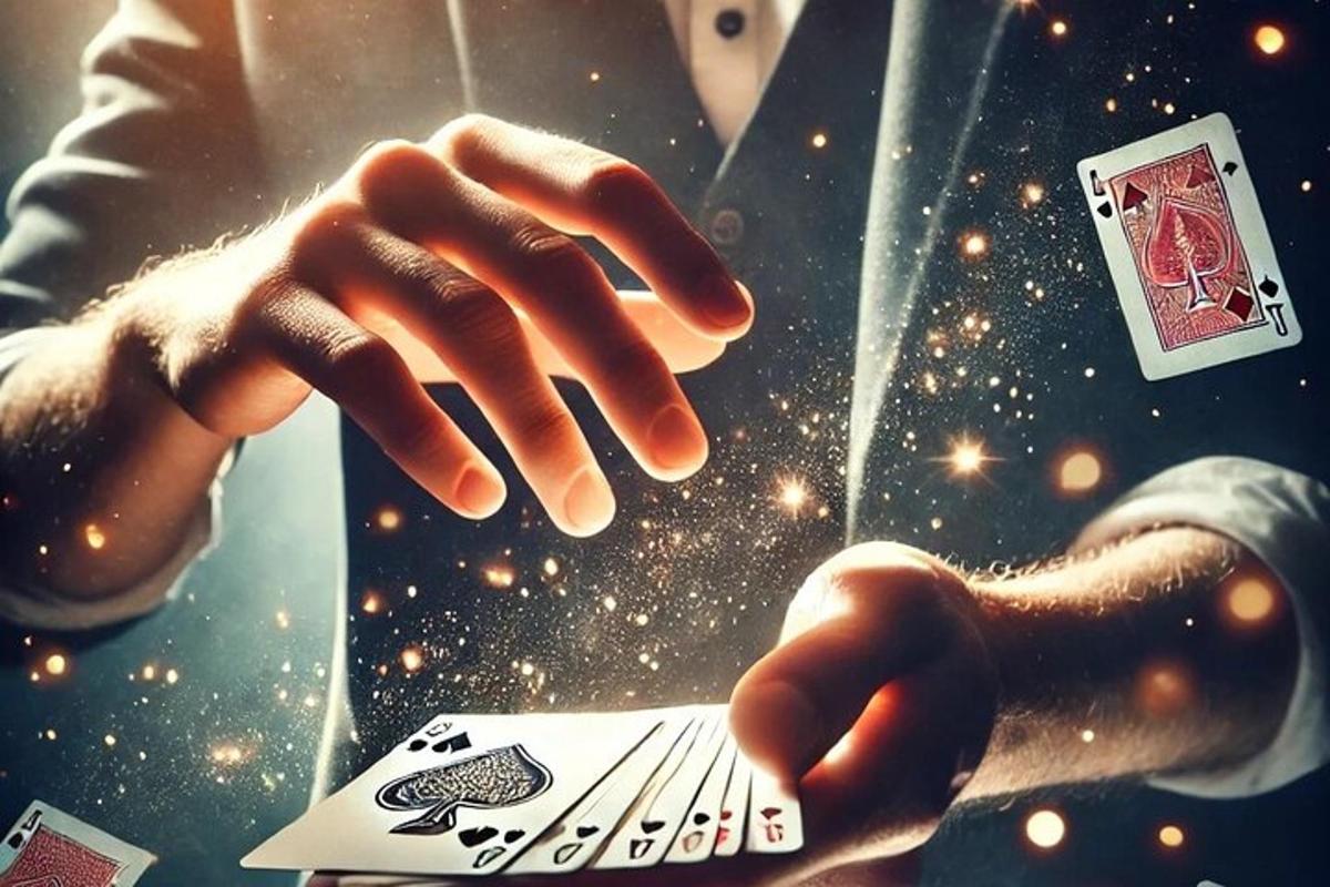 un uomo in giacca e cravatta che tiene in mano una carta da gioco