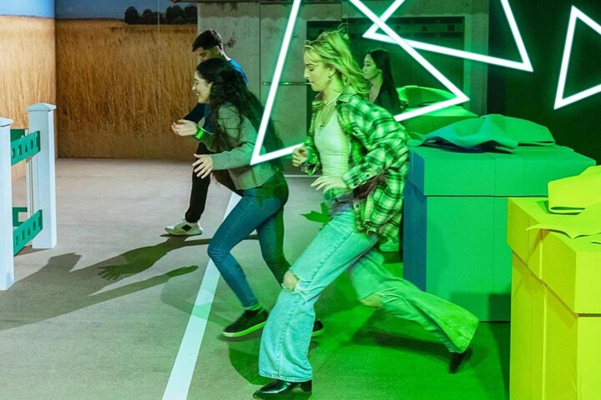 two women are walking in a room with a mirror