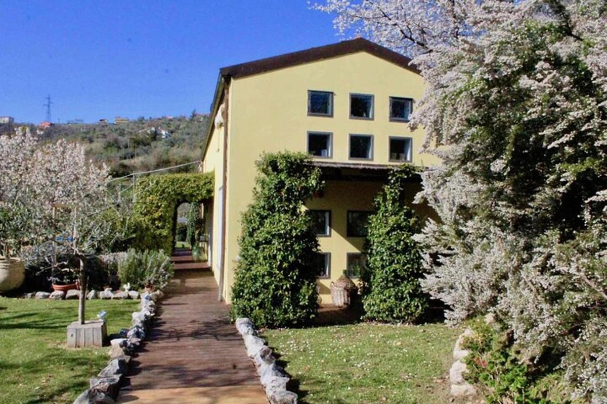 a yellow house with a pathway in front of it
