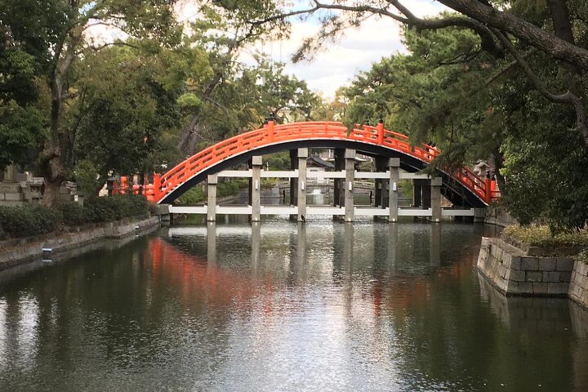 Un puente naranja sobre un río en un parque.