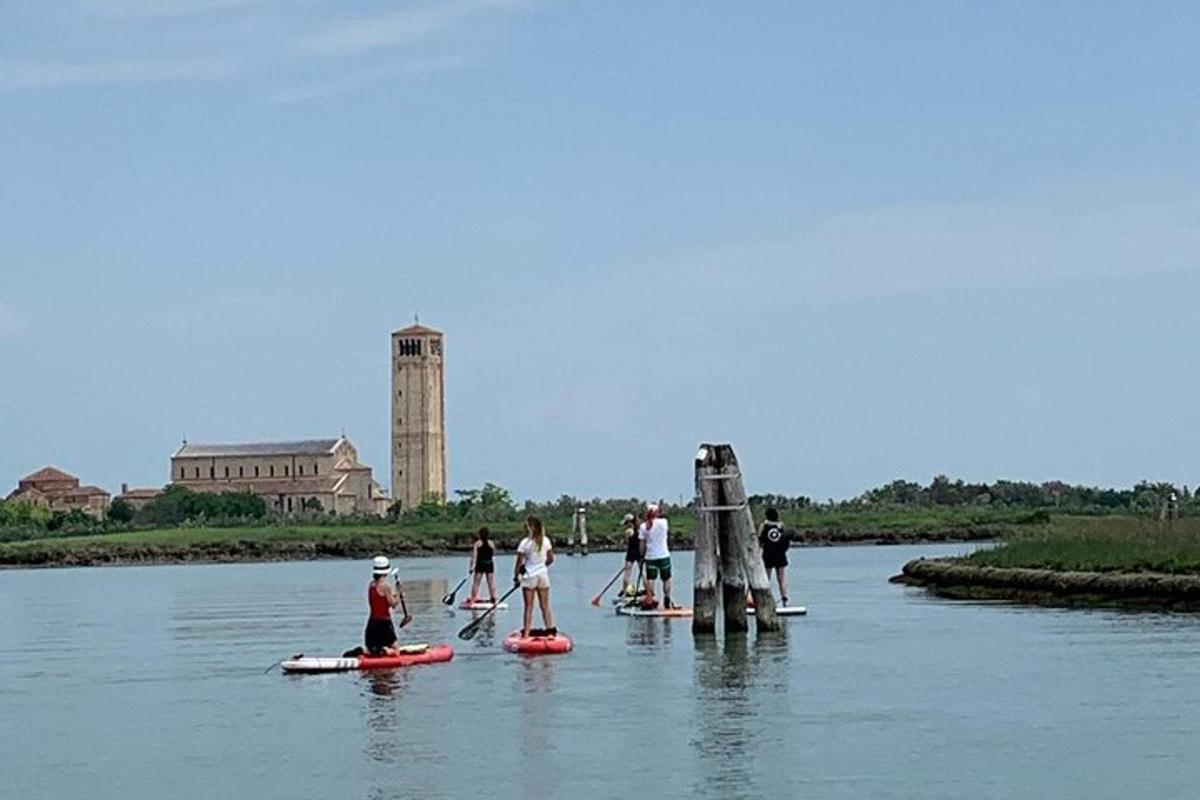 a group of people on paddle boards in the water