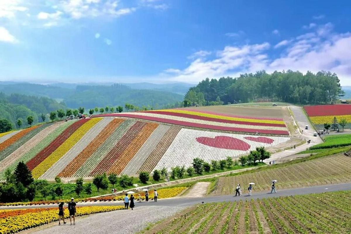 eine Gruppe von Menschen, die eine Straße entlang neben einem Blumenfeld gehen