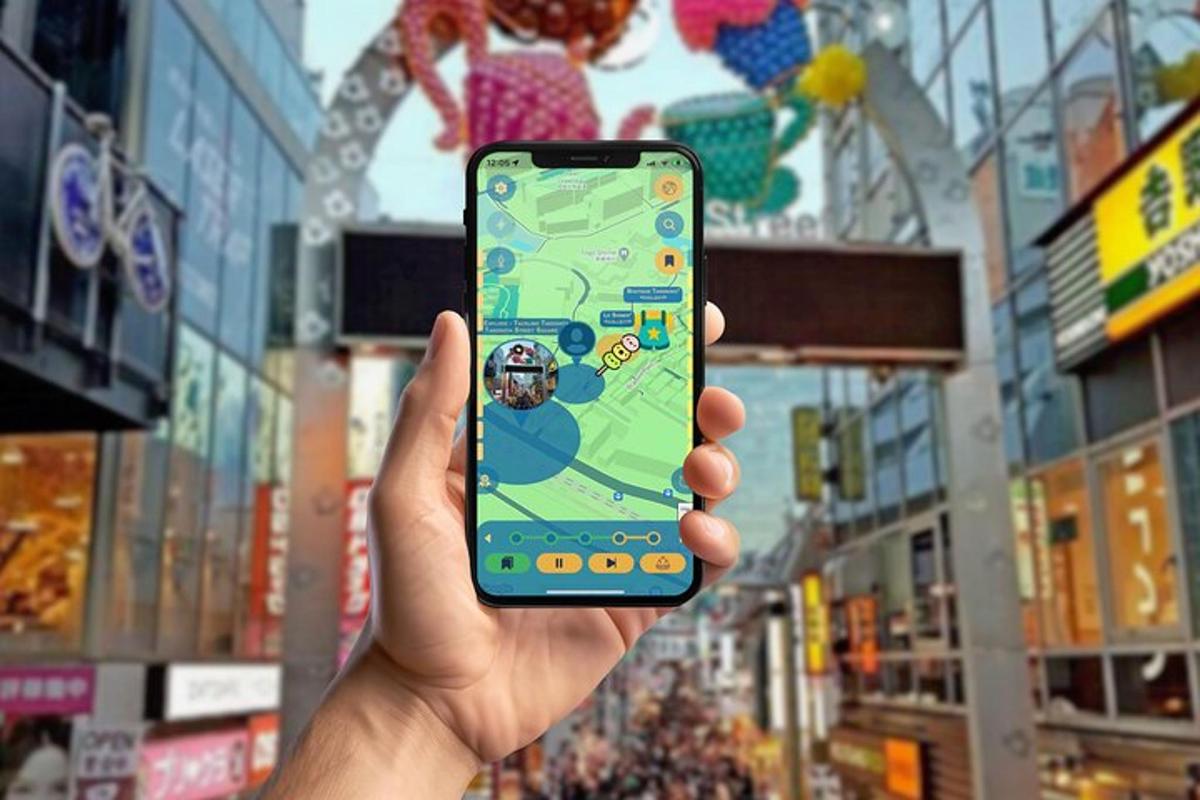 a person holding up a cell phone in front of a store