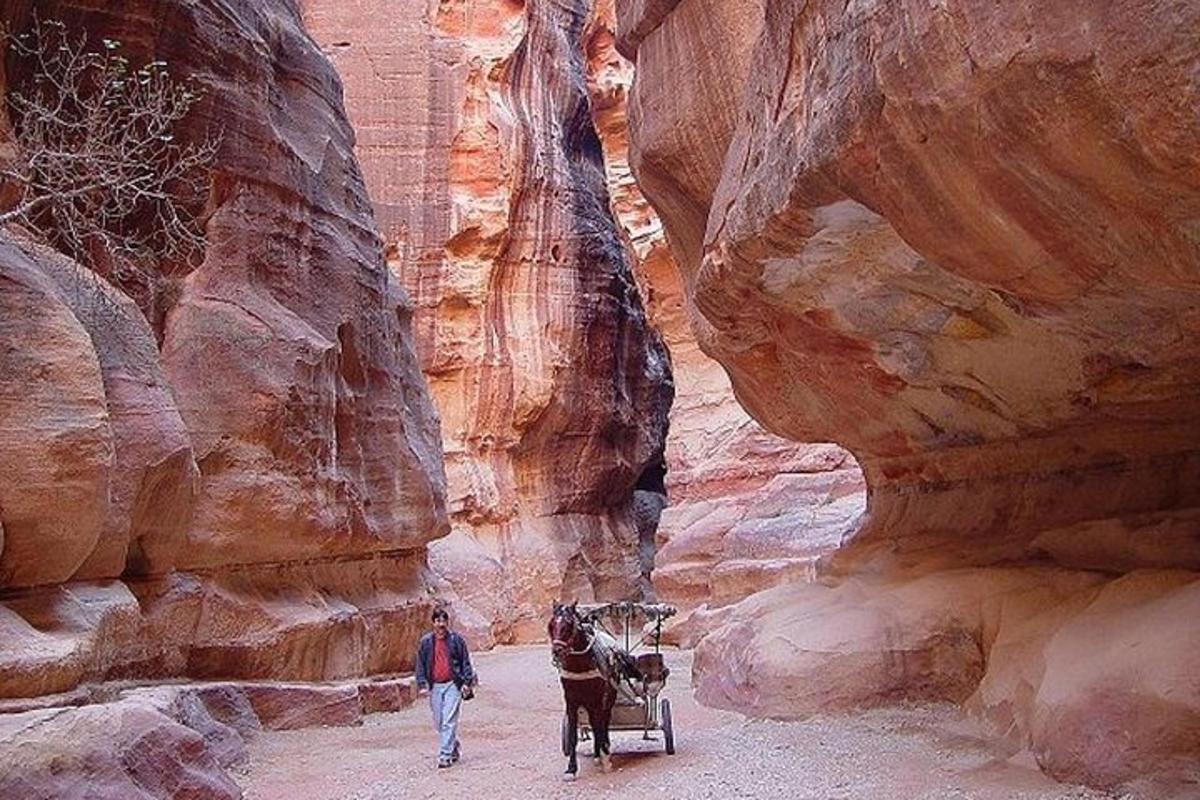 un uomo che cammina attraverso un canyon con una carrozza trainata da cavalli