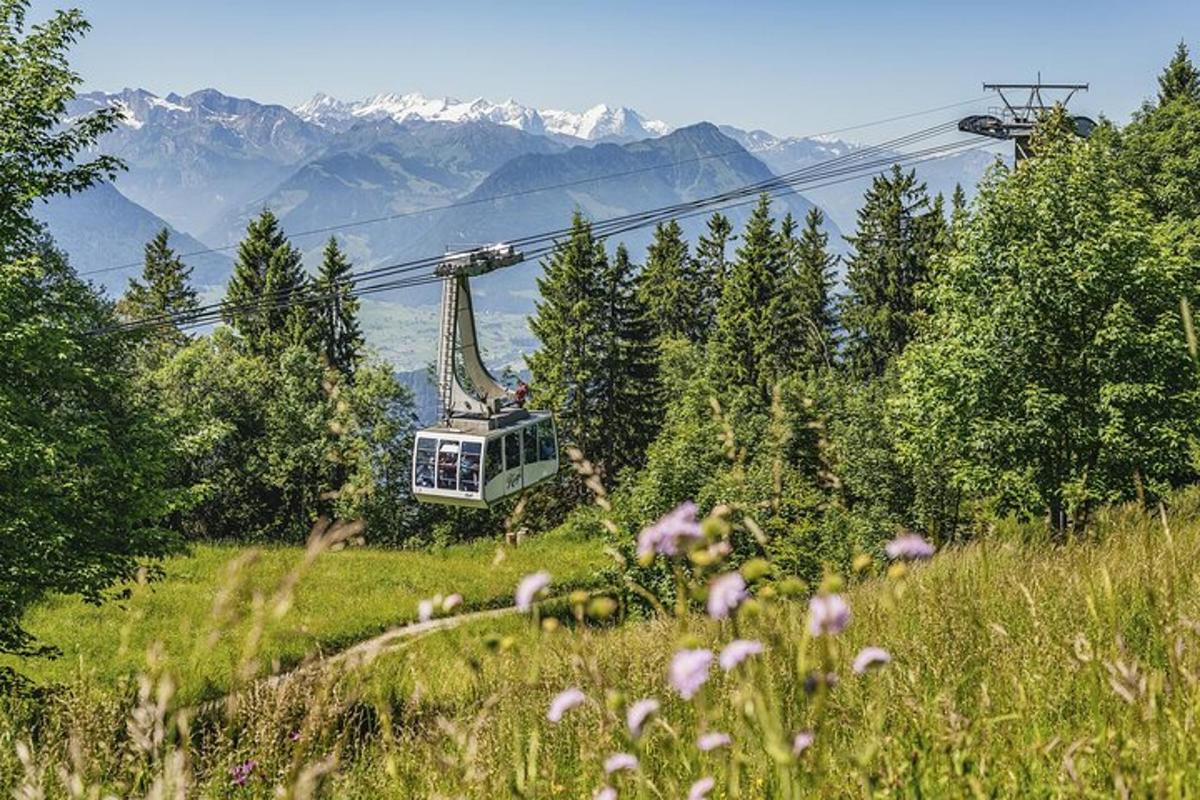 một chiếc thuyền gondola trên đồi với những ngọn núi ở phía sau
