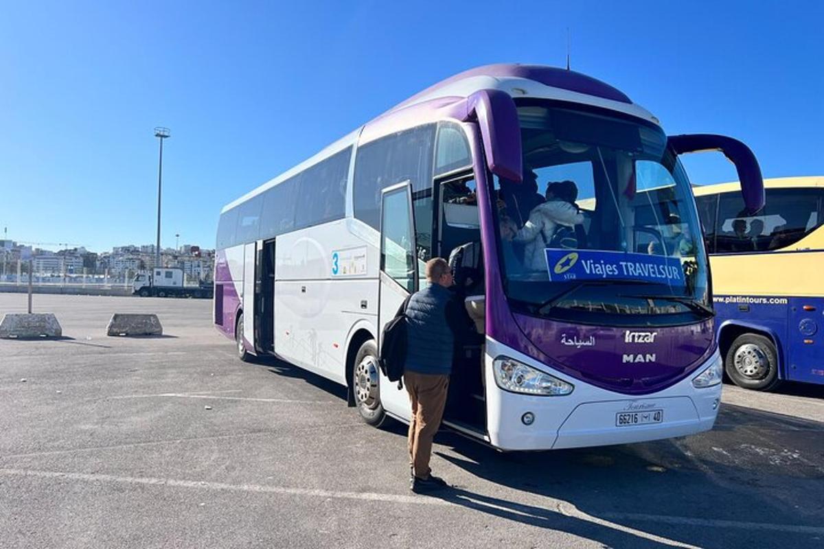 a person is getting on a purple and white bus