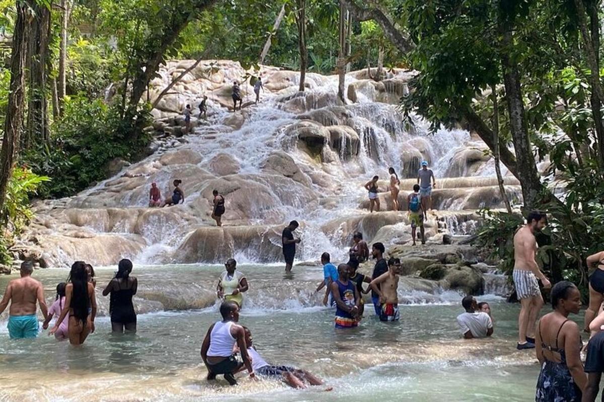 un groupe de personnes dans l'eau près d'une cascade
