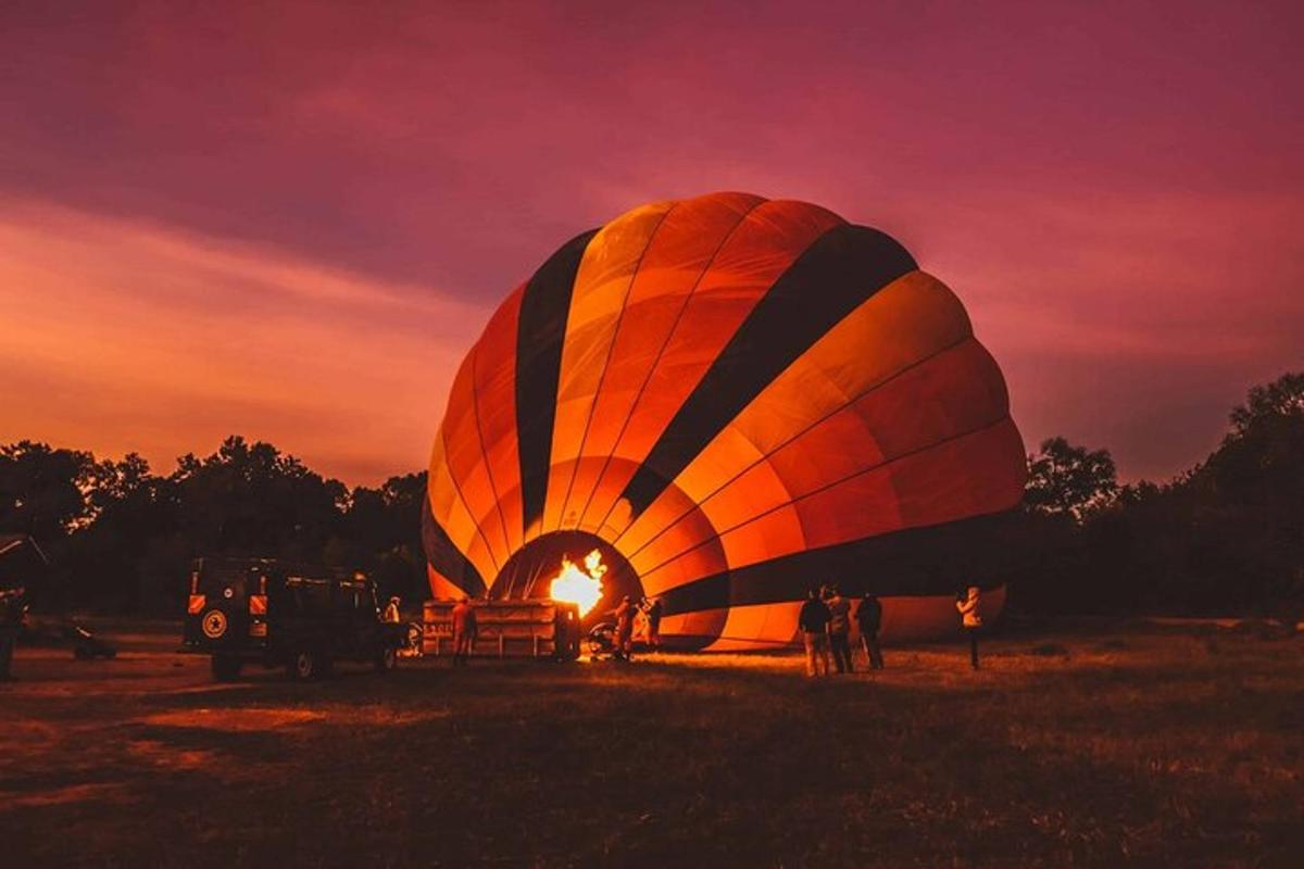 a large hot air balloon in a field at sunset