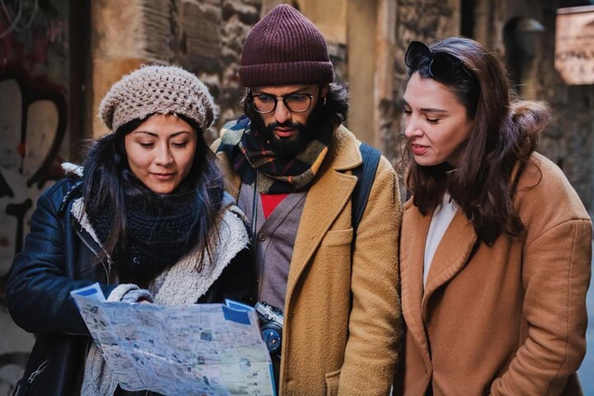 a group of three people walking down a street
