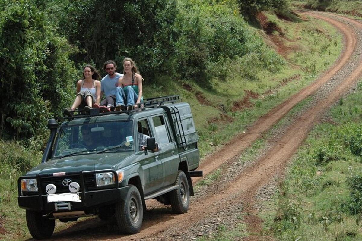 three people sitting on top of a green truck on a dirt road