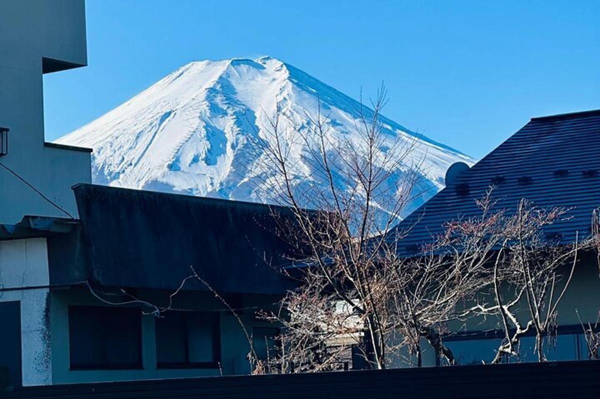 una montagna innevata di fronte a un edificio
